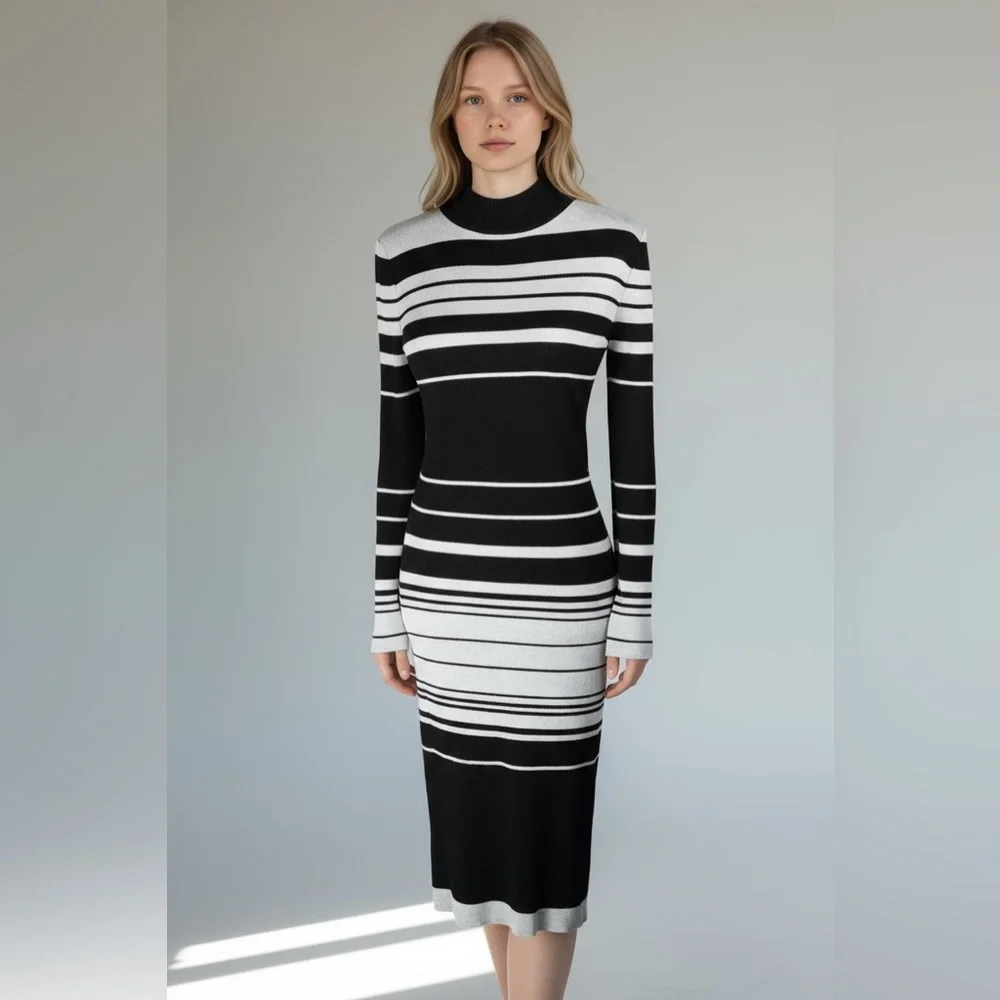 Love Always by FCT Black & Gray Striped Mock-Neck Sweater Midi Dress – Size XL - Picture 17 of 17